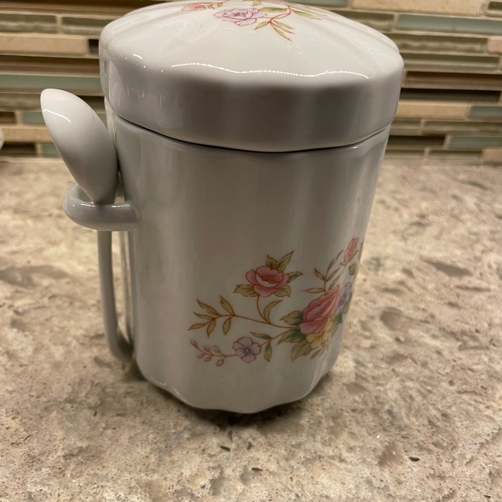 Antique Floral Ceramic Sugar Jar with Spoon